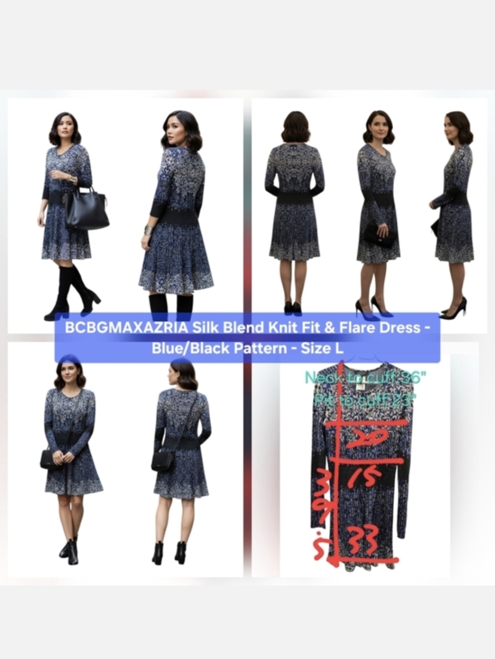 BCBGMaxAzria Blue and Black Patterned Fit & Flare Dress